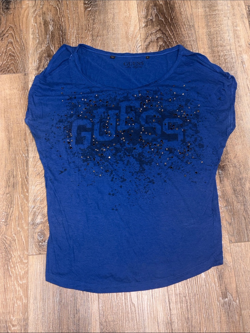 GUESS Royal Blue Short Sleeve Logo Tee with Stud Accents